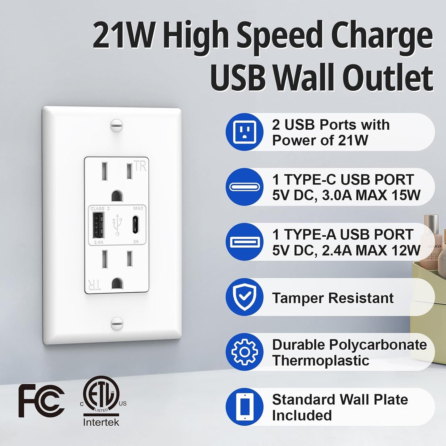 Toma corriente USB-C 21W con puertos A y C resistente