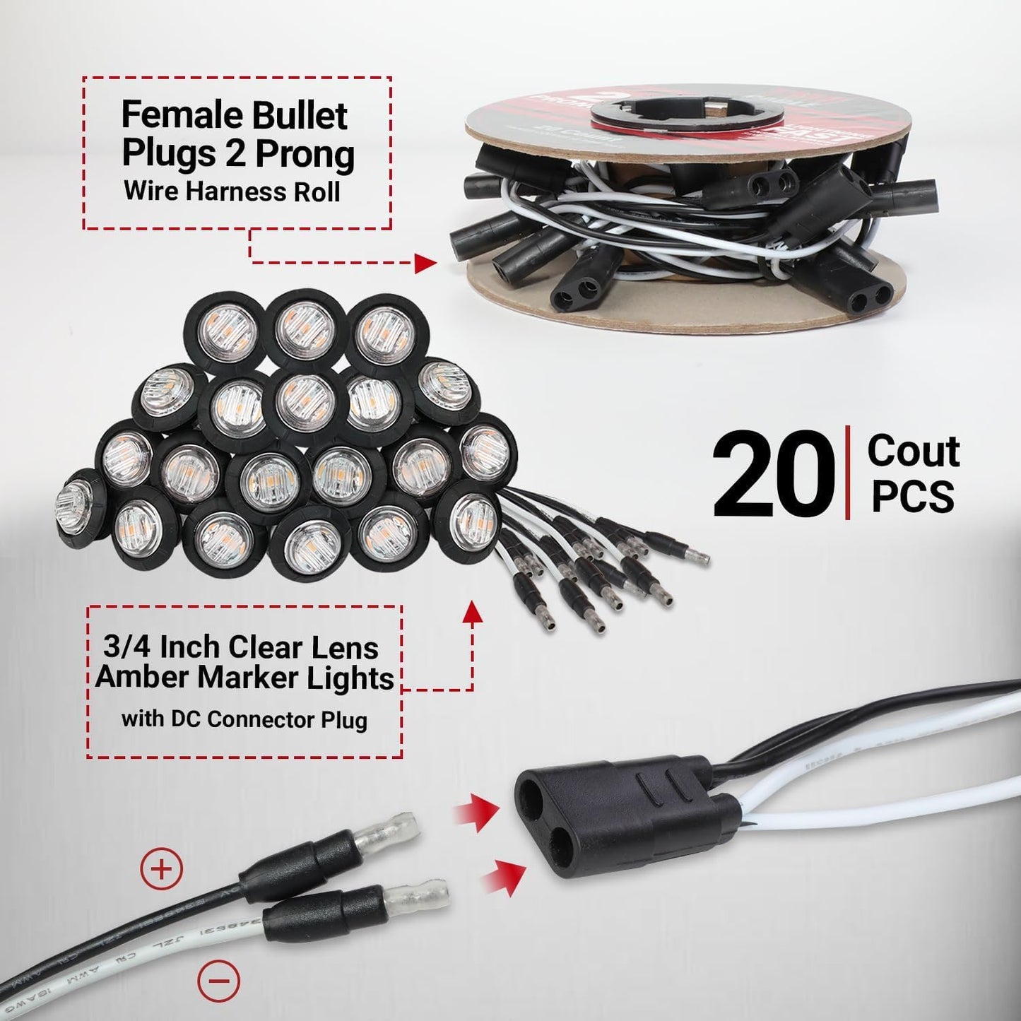 20 Pzas Luces Laterales 3/4" Conector 2 Pines Plug and Play