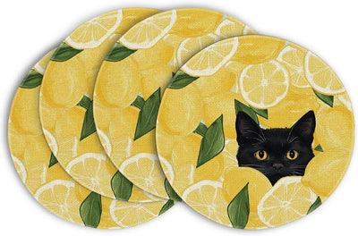 Set 4 manteles redondos verano gato negro limón 14pulg