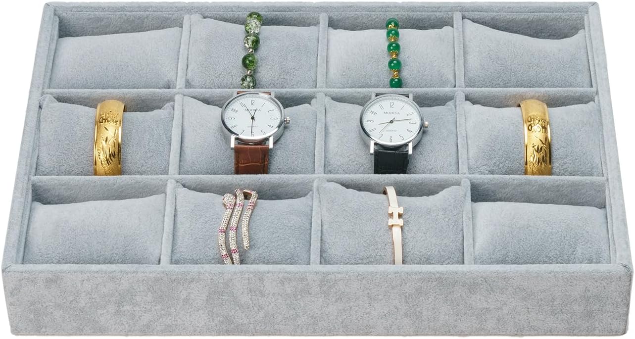 Bandeja terciopelo gris 12 cuadrículas para joyas y relojes