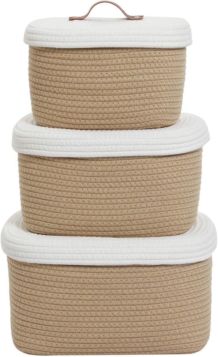 3 Pzas Cestas Almacenamiento Tejidas Anidables Beige Blanco