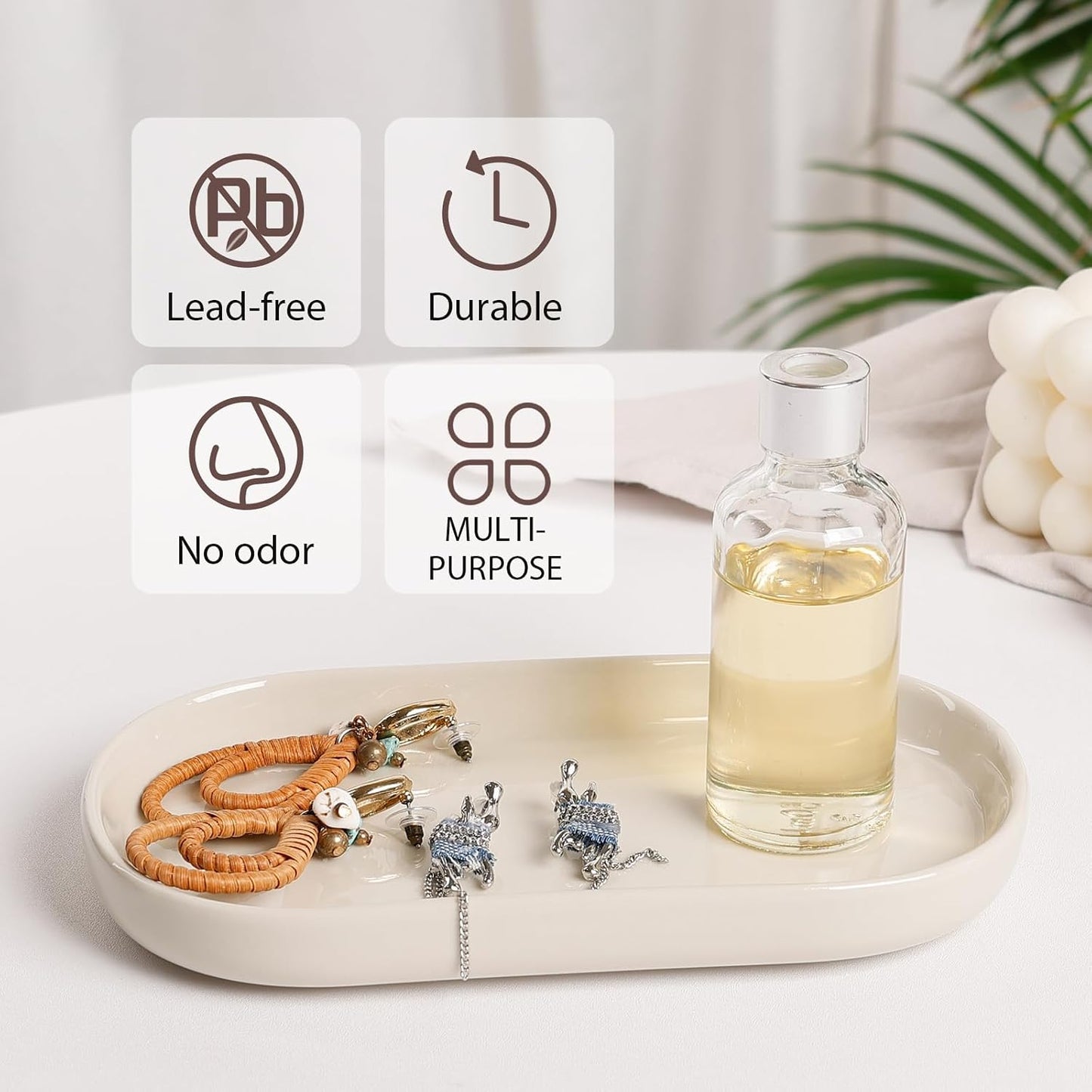 Bandeja cerámica para joyas ovalada decorativa blanco crema