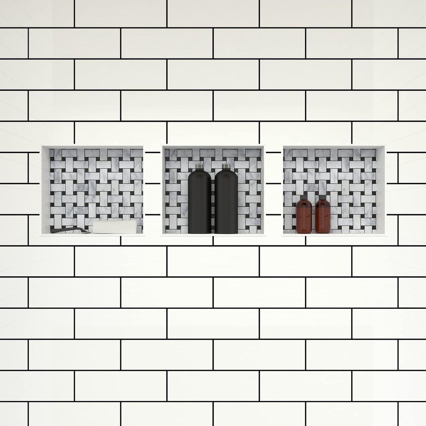 Estante ducha empotrado triple nicho negro 48x14x4pulg