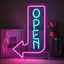 Letrero neón flecha abierta LED azul y rosa para tienda
