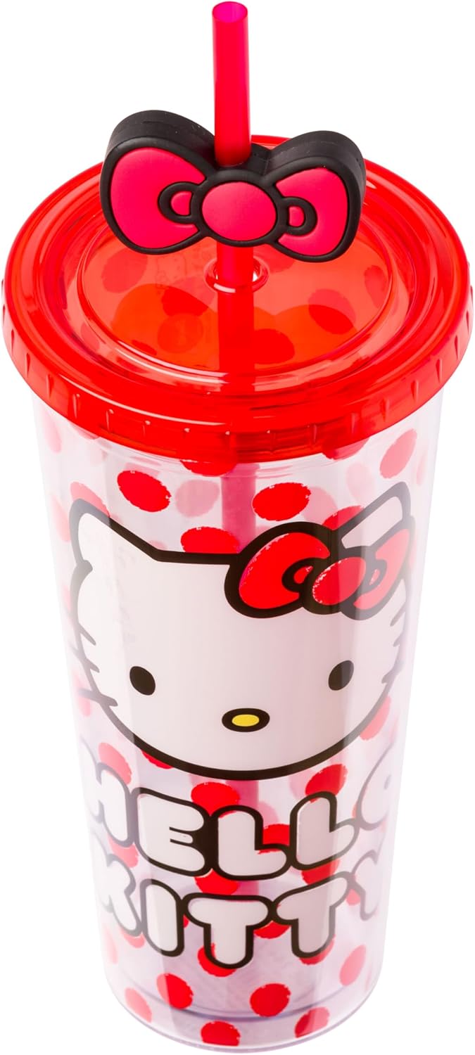 Taza fría plástico con tapa Hello Kitty lunares rojos 24oz