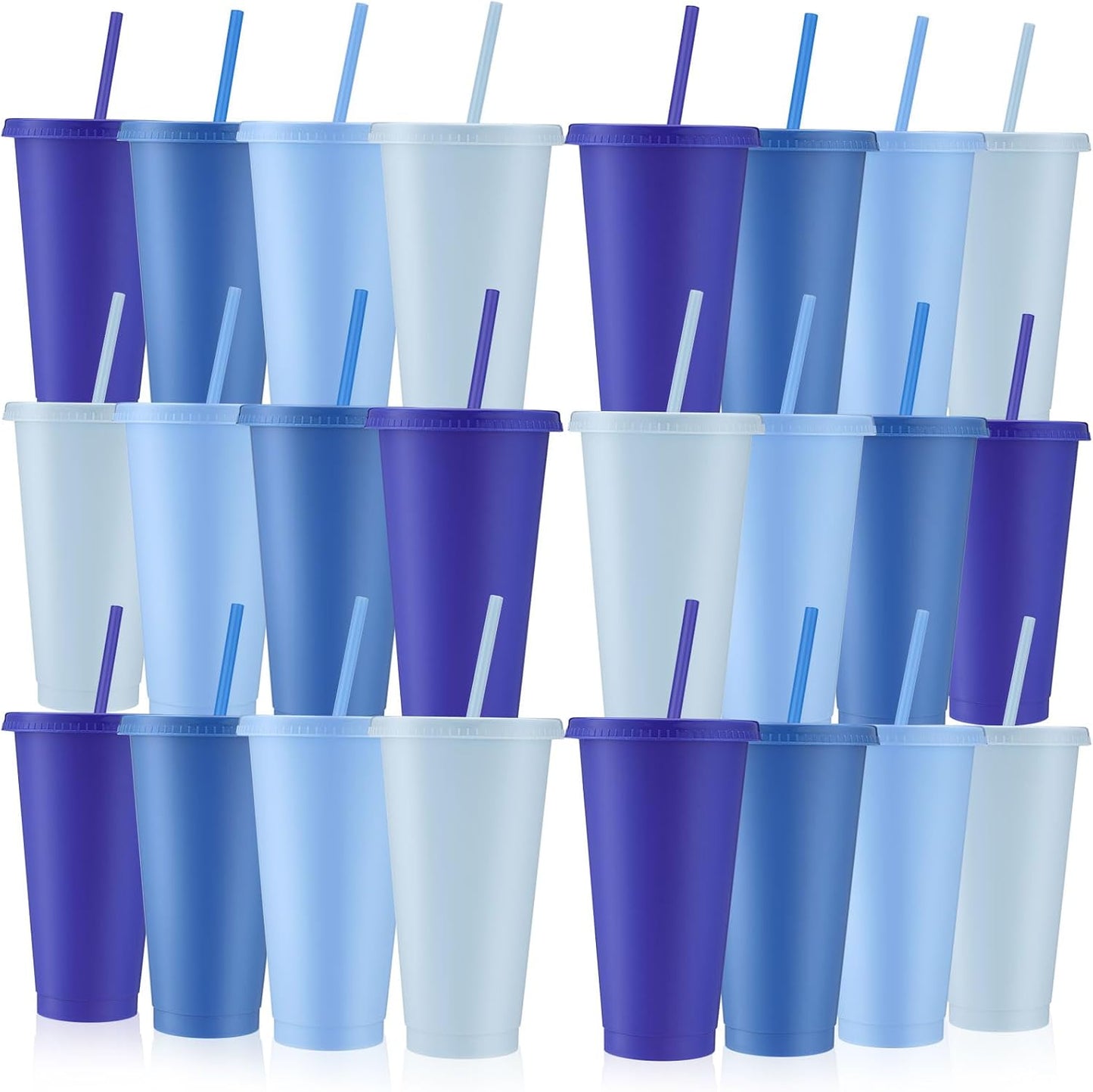 24 Vasos Plástico Gris Azul con Tapas Pajitas 24oz