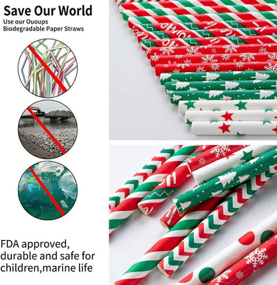 Pajitas papel biodegradable 100pzas 7.75pulg rayas rojo verde navidad