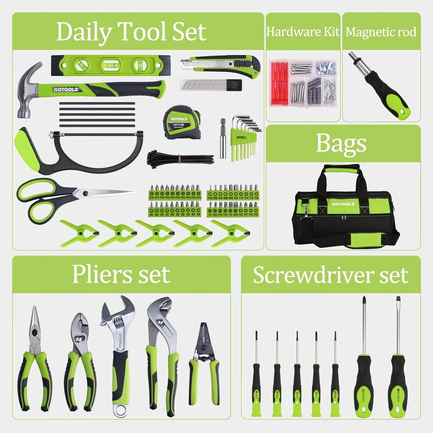 Set 269 Pzas Kit Herramientas Hogar Básico con Bolsa Verde