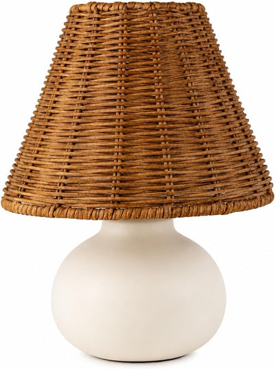 Lámpara mesa 11" base cerámica crema mimbre luz regulable