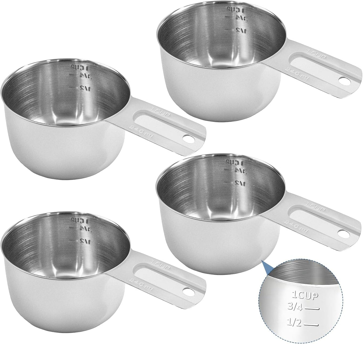 4 Pack Tazas Medidoras Acero Inox 240cc 8oz con Mango