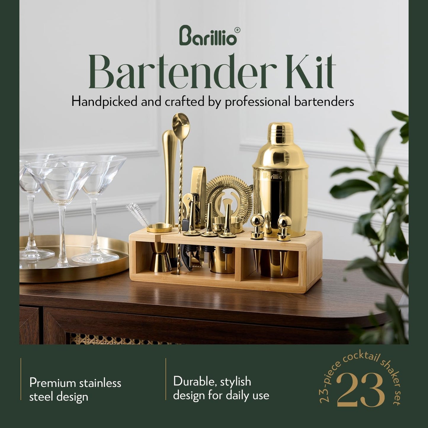 Set coctelera acero inox soporte bambú herramientas barra