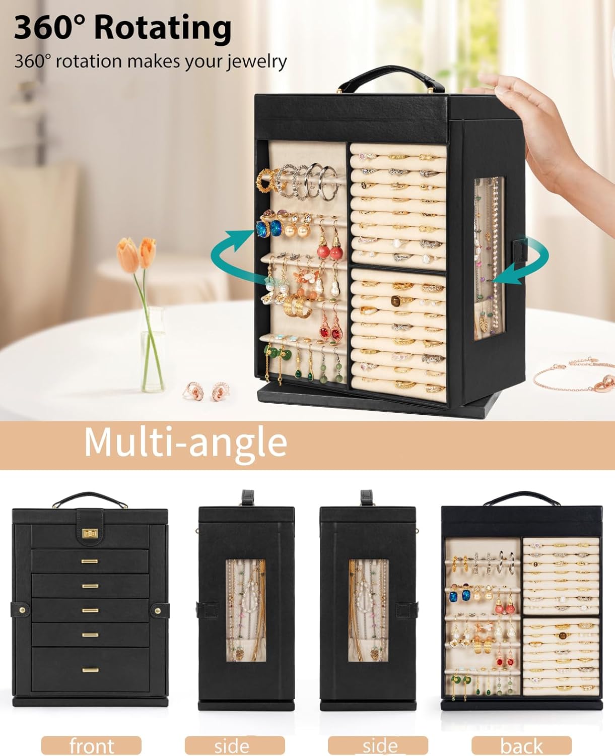 Caja giratoria joyas 6 niveles con soporte anillos collares