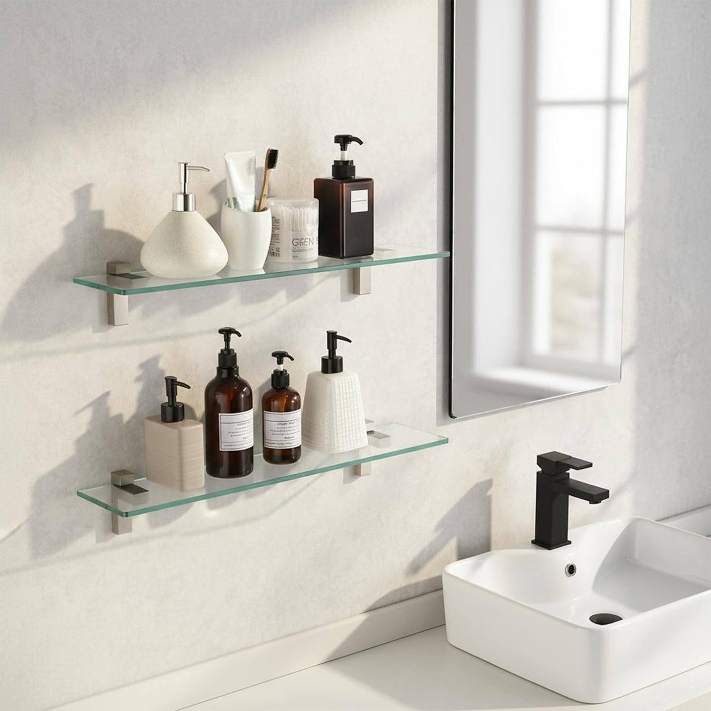 Estantes vidrio templado baño 24pulg soporte níquel 2uds