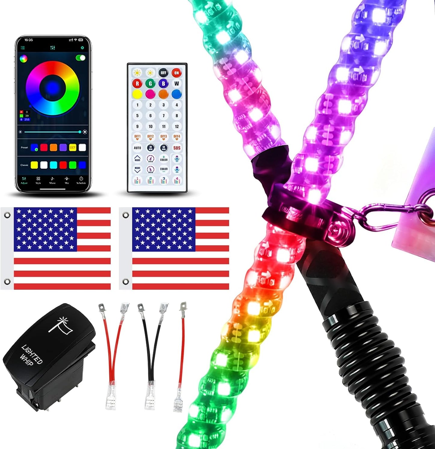 2 Luces Látigo LED RGB con Control Remoto y Base Resorte