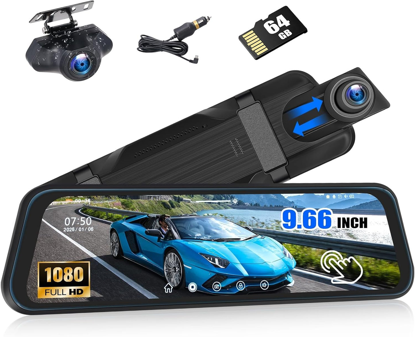 Cámara espejo 9.66pulg visión nocturna full hd 1080p auto