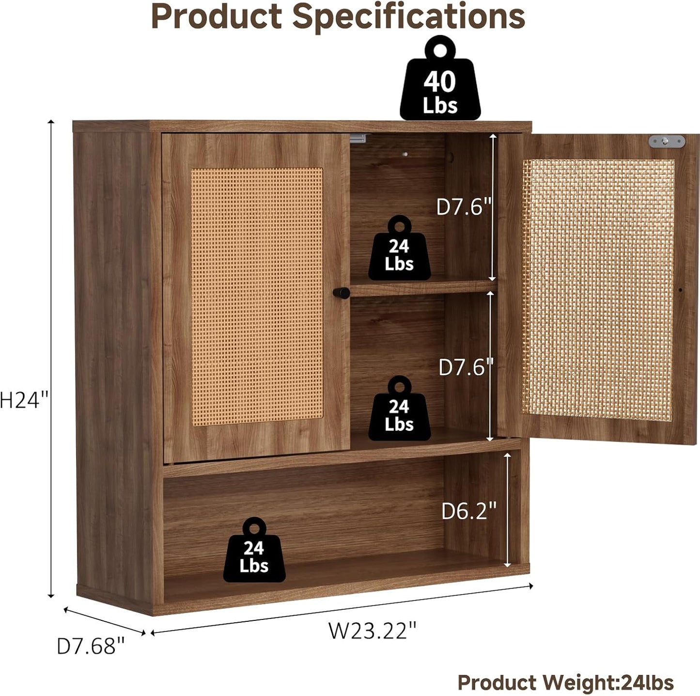 Armario pared puertas dobles ratán 3 niveles baño 23x7x24"