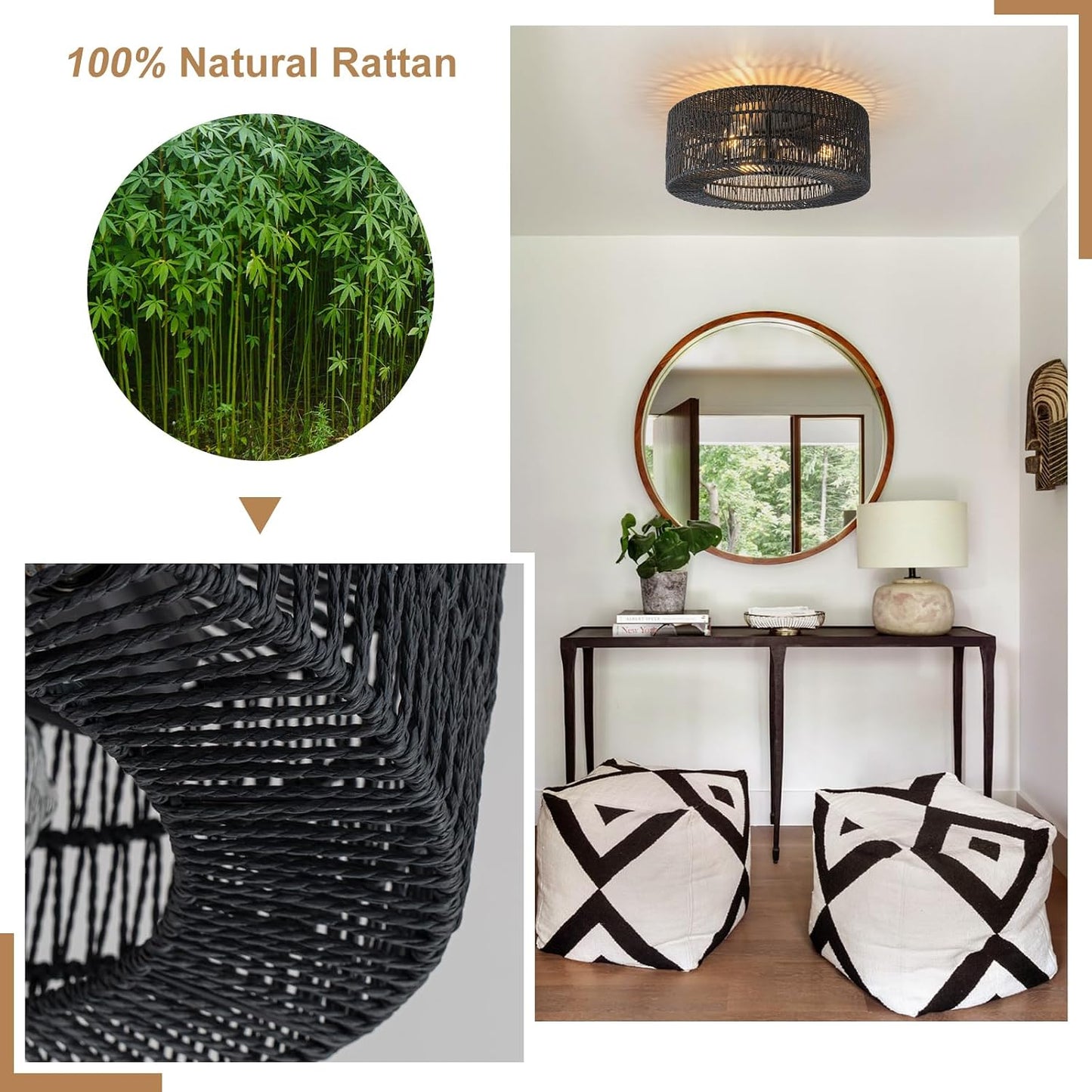 Lámpara techo ratán boho estilo granja con LED