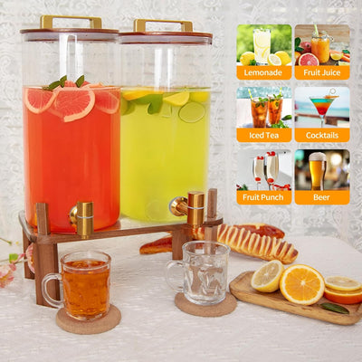 2 Dispensadores Bebida Vidrio 1.5gal Tapa Madera Grifo Acero Inox