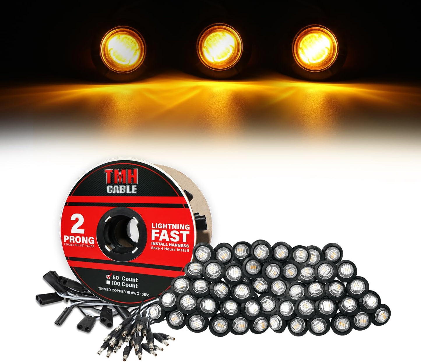50 Luces Ámbar 3/4" Conector 2 Pines Plug and Play