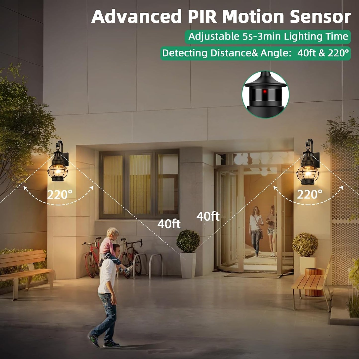 Lámpara pared exterior sensor movimiento negra impermeable