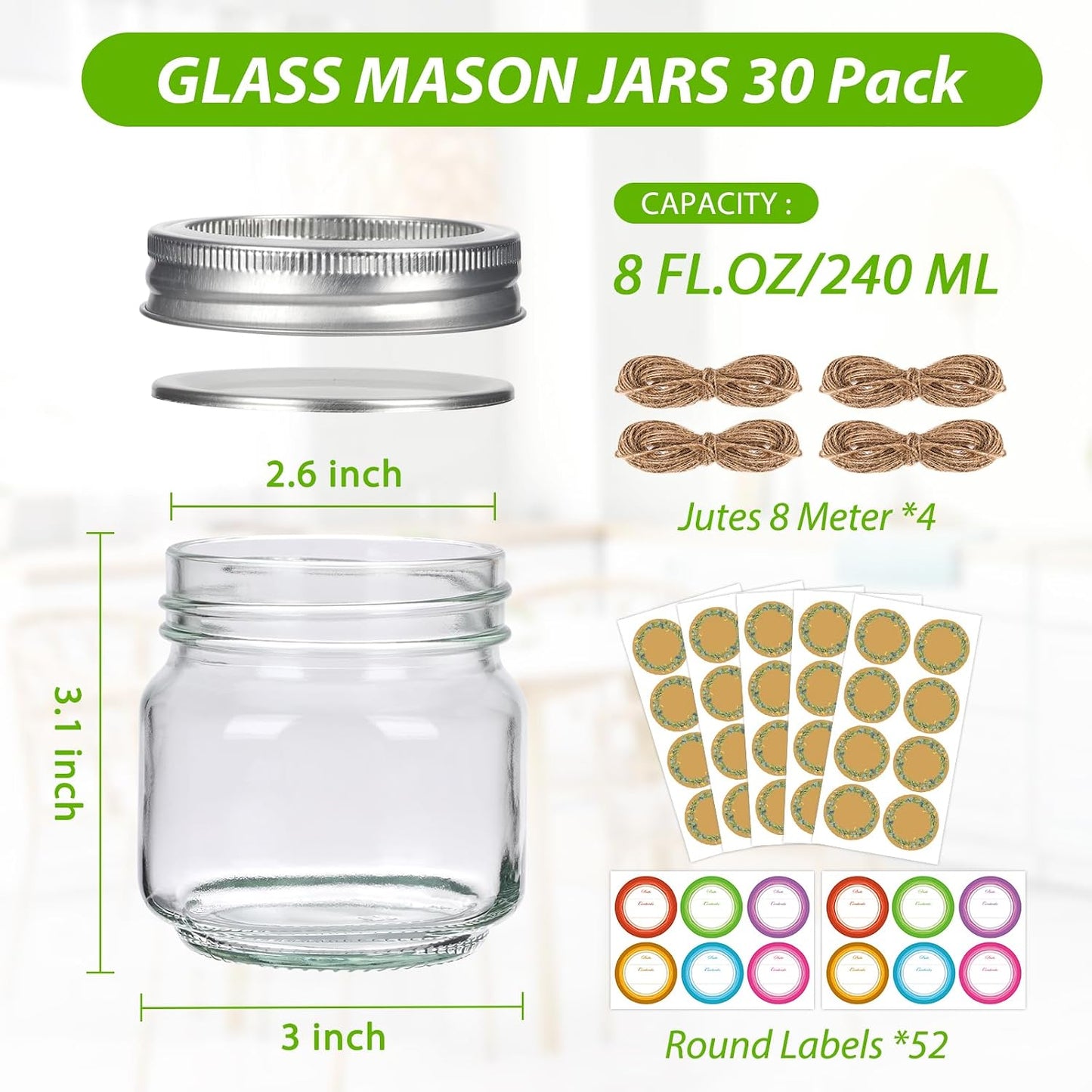 Tarros Mason 8oz set 30 con tapas herméticas