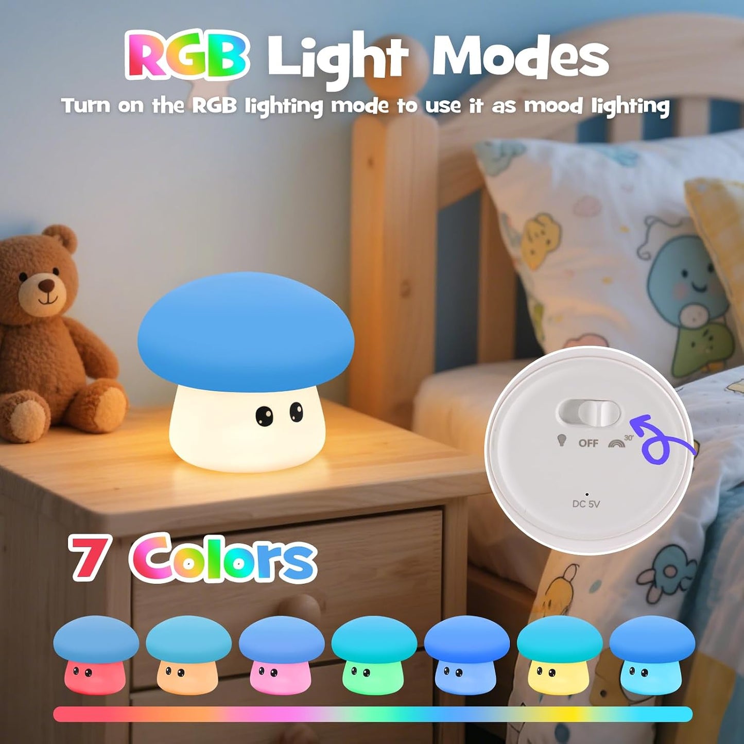 Luz nocturna de hongos azul modo RGB táctil recargable