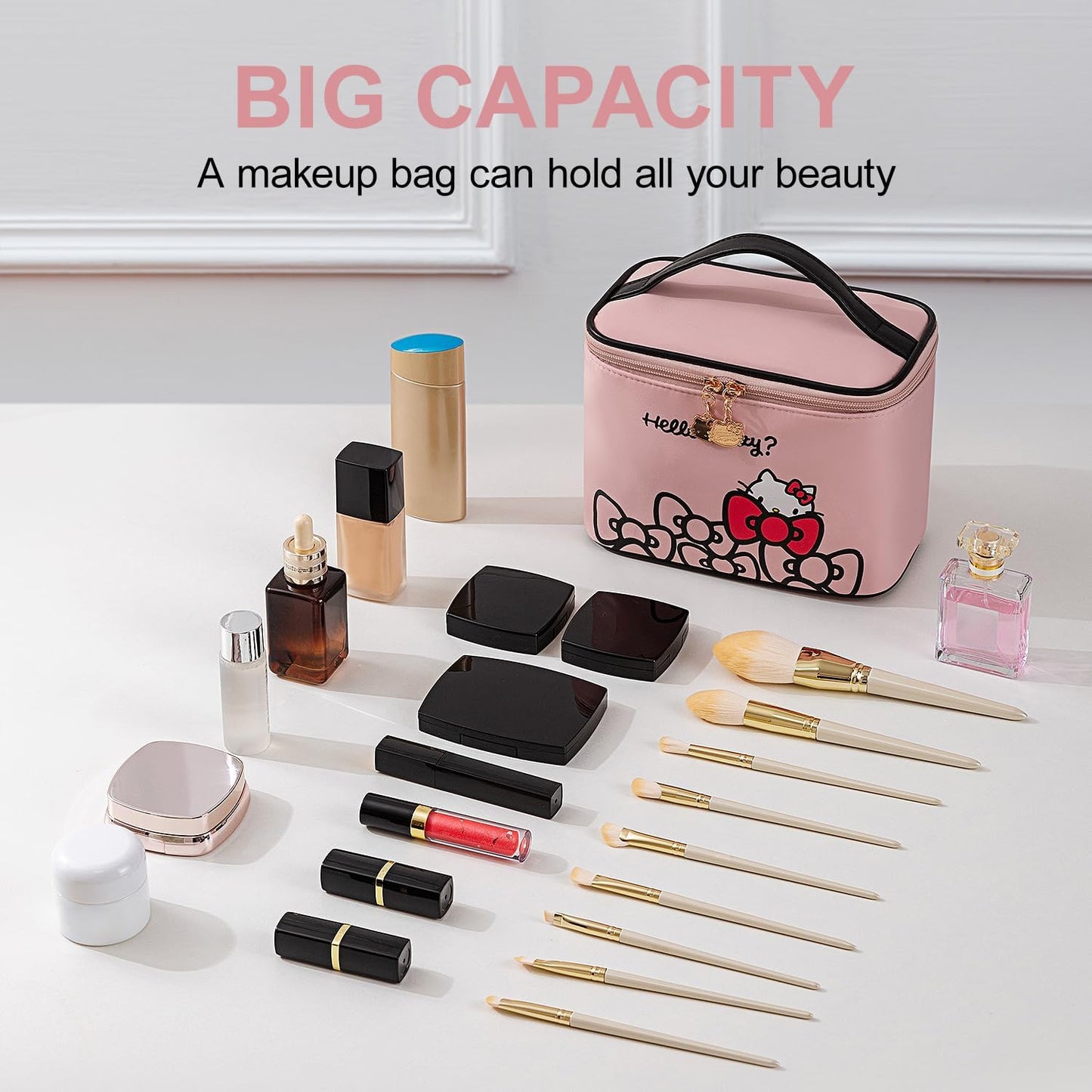 Bolsa maquillaje viaje grande con soporte cepillos rosa 2 pzas