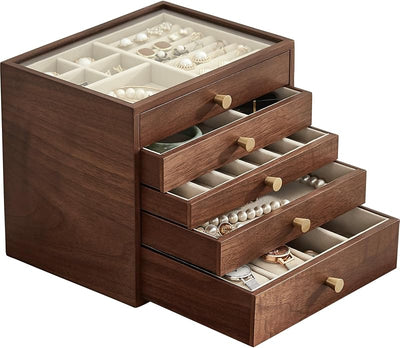 Caja madera nogal negro 5 niveles con tapa vidrio joyas