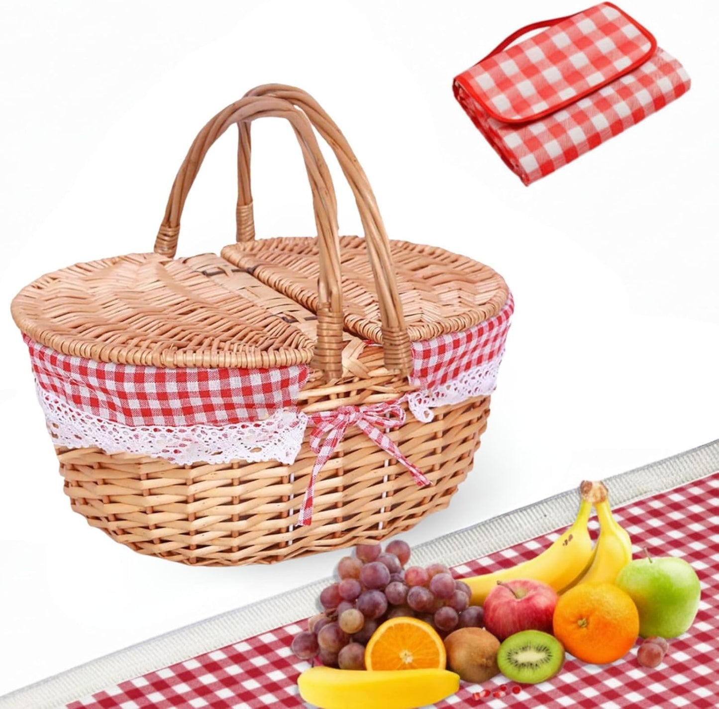 Cesta picnic mimbre tapa vintage asas dobles 13.78"