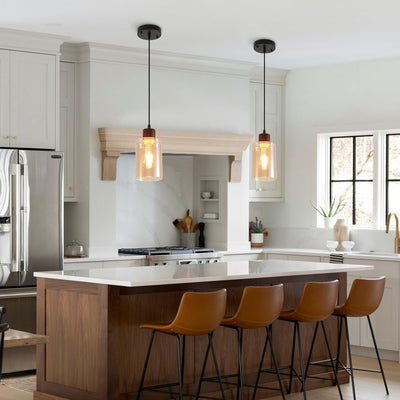 Lámpara colgante madera isla cocina set 2 vidrio ambar