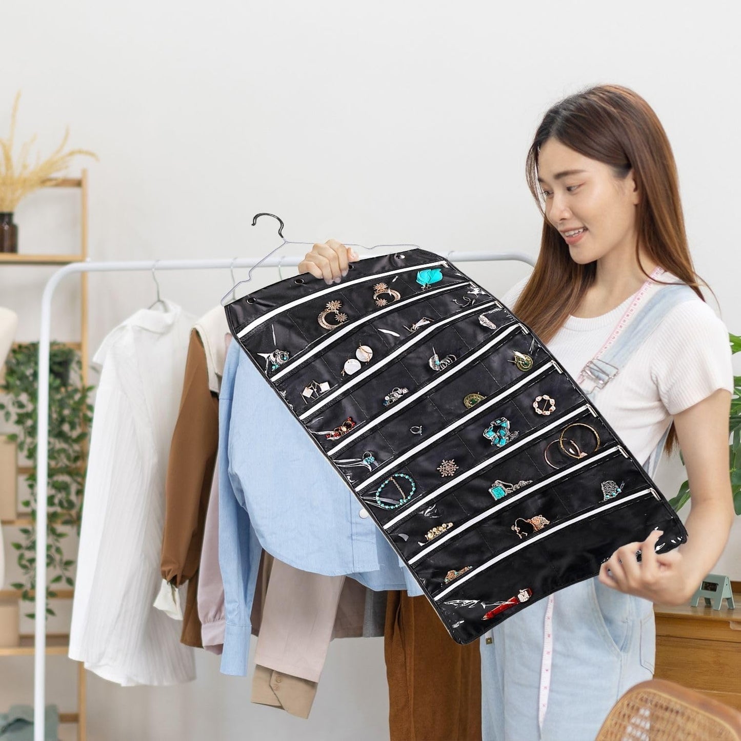 Organiz. joyas colgante con 56 bolsillos doble cara negro