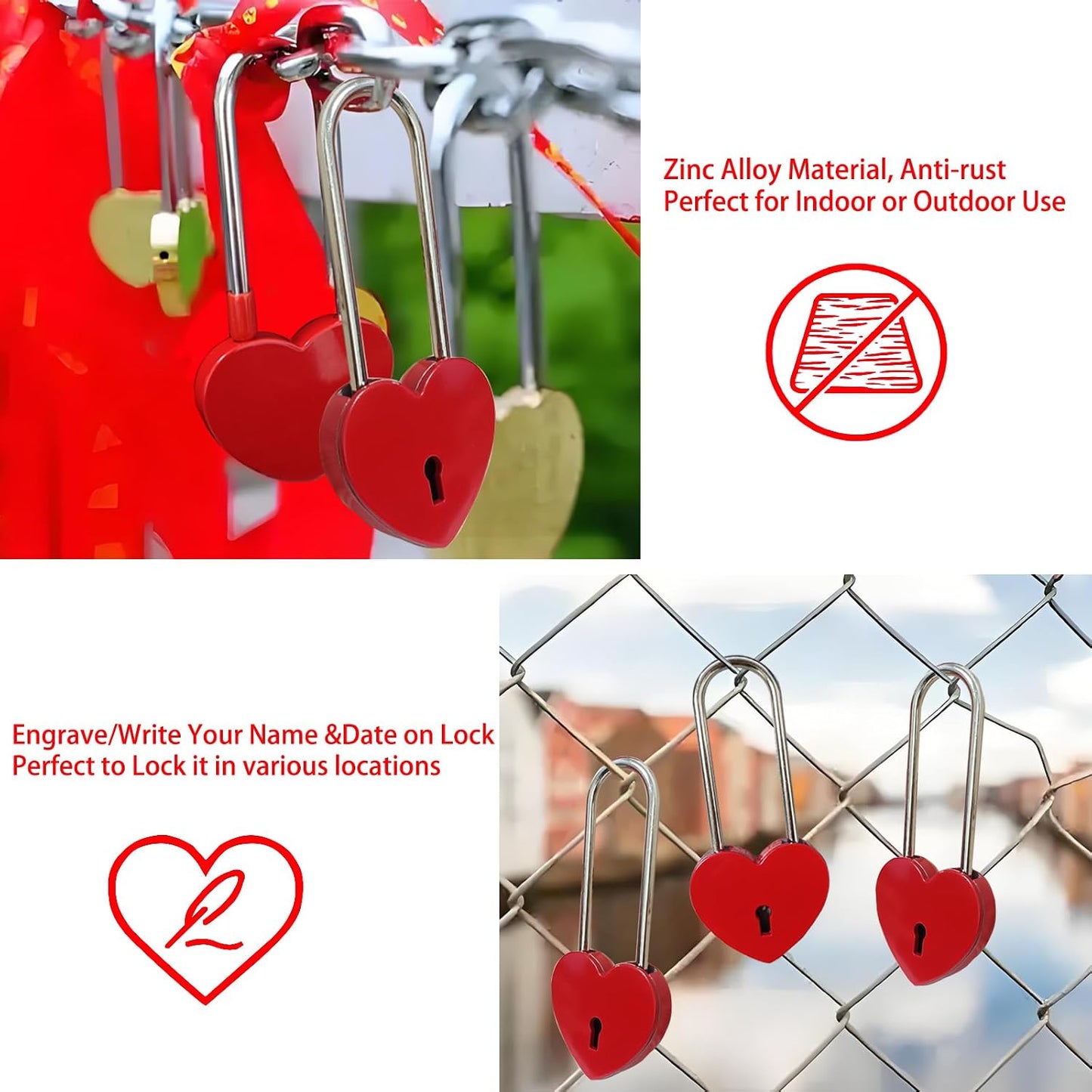 Candado corazón rojo con cerradura de deseos para San Valentín
