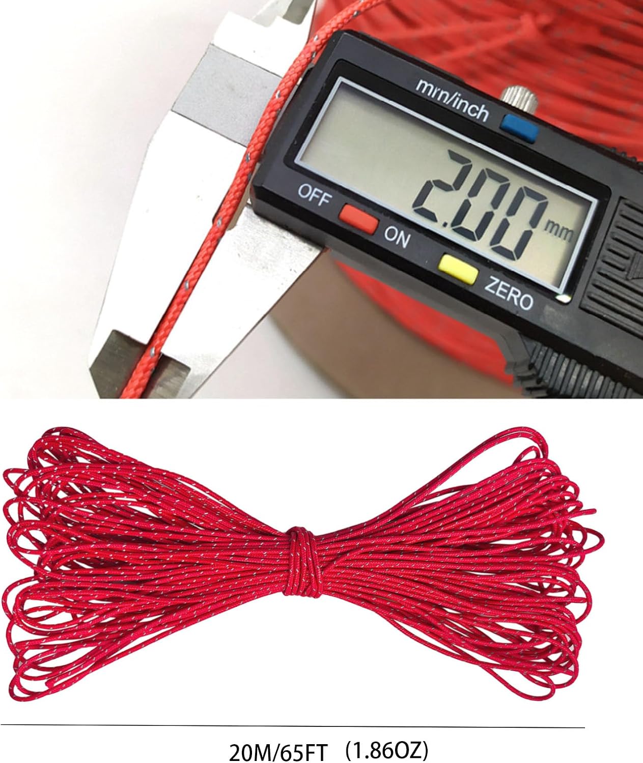 Cuerda Reflectante Dyneema 2mm 65pies 400kg Resistencia Rojo