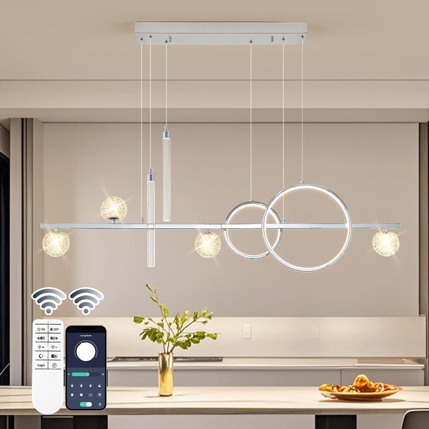 Lámpara colgante LED plateada 47pulg comedor cocina