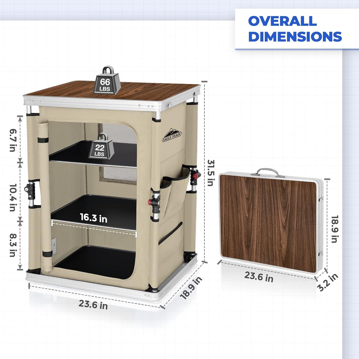Mesa camping plegable aluminio beige con organiz. 3 niveles
