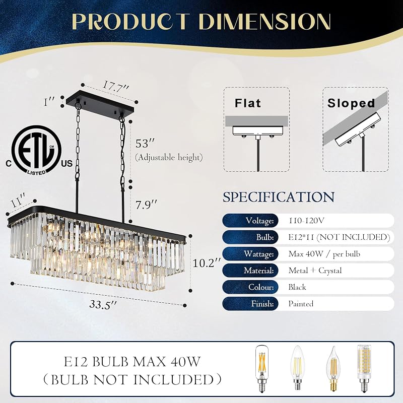 Candelabro rectangular cristal 11 luces 33.5" para comedor