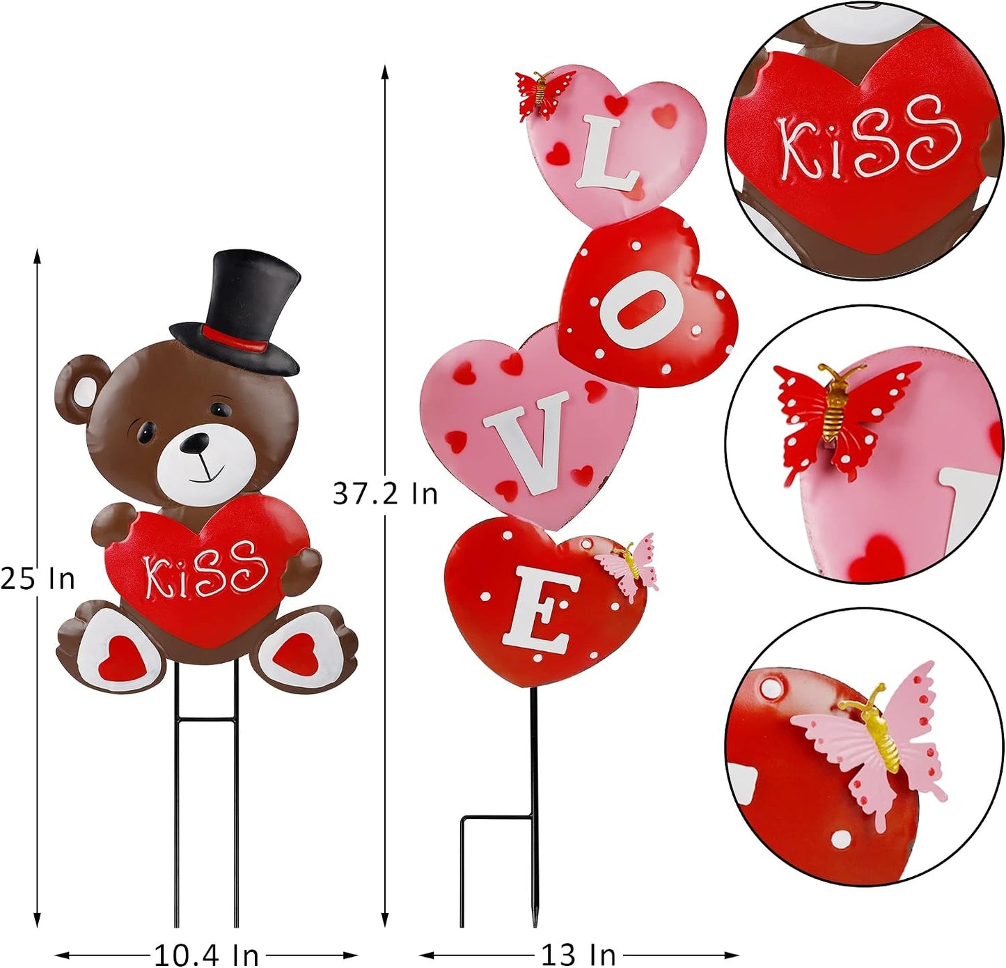 Decoración San Valentín 2 carteles estacas metal corazón oso