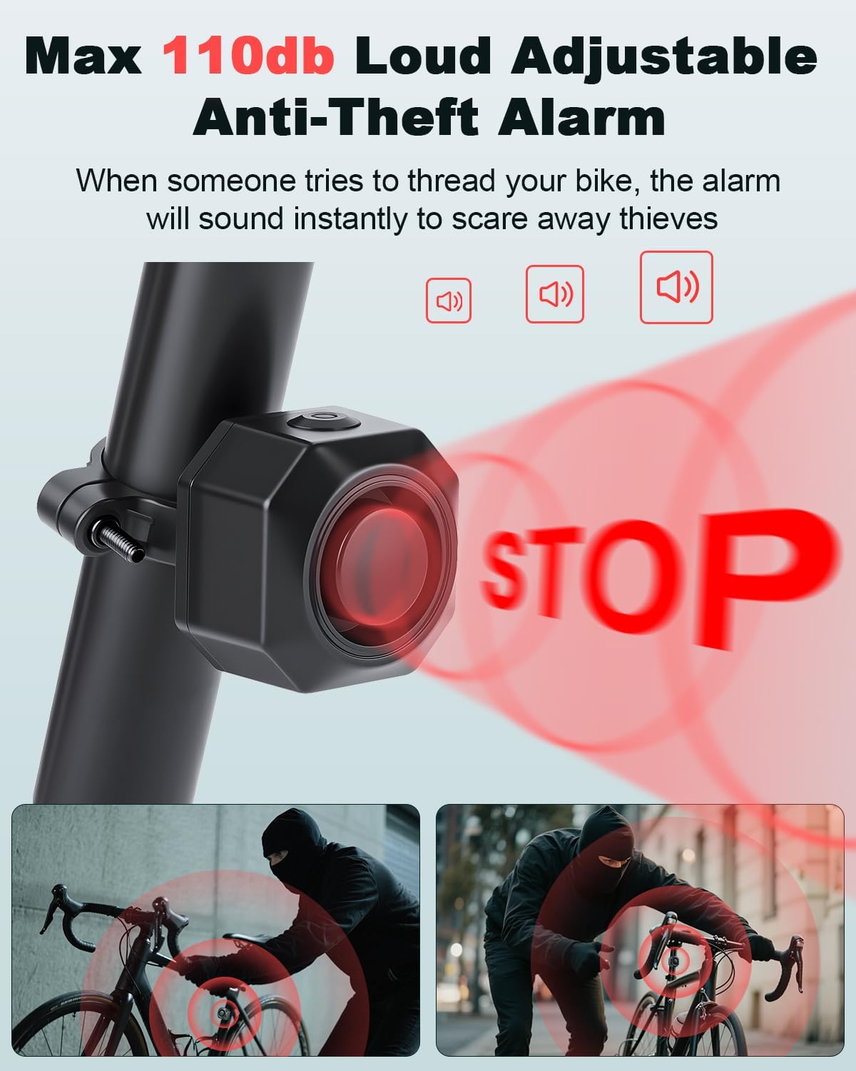 Alarma bicicleta 110 dB recargable con control remoto