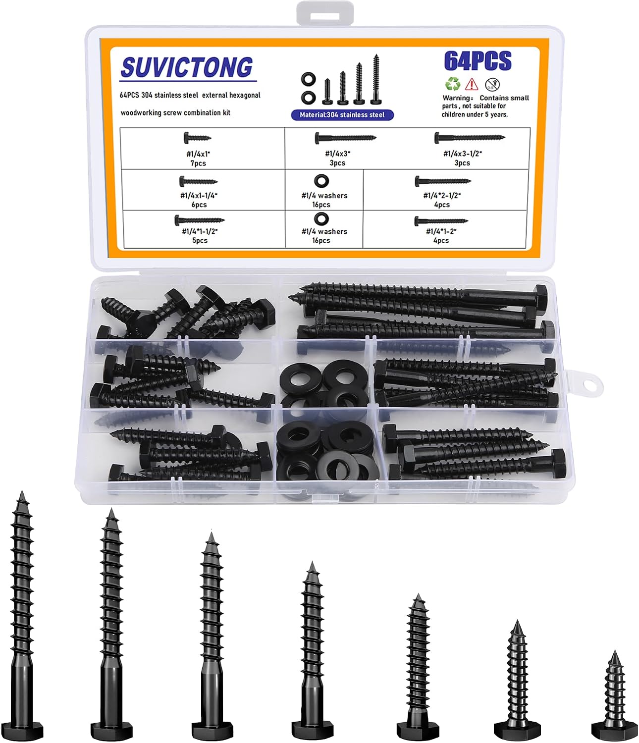 Kit surtido tornillos hex 1/4 pulg 64 pzas madera acero negro