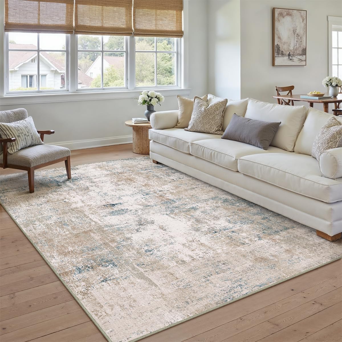 Alfombra área lavable 5x7ft beige/azul antiderrap suave
