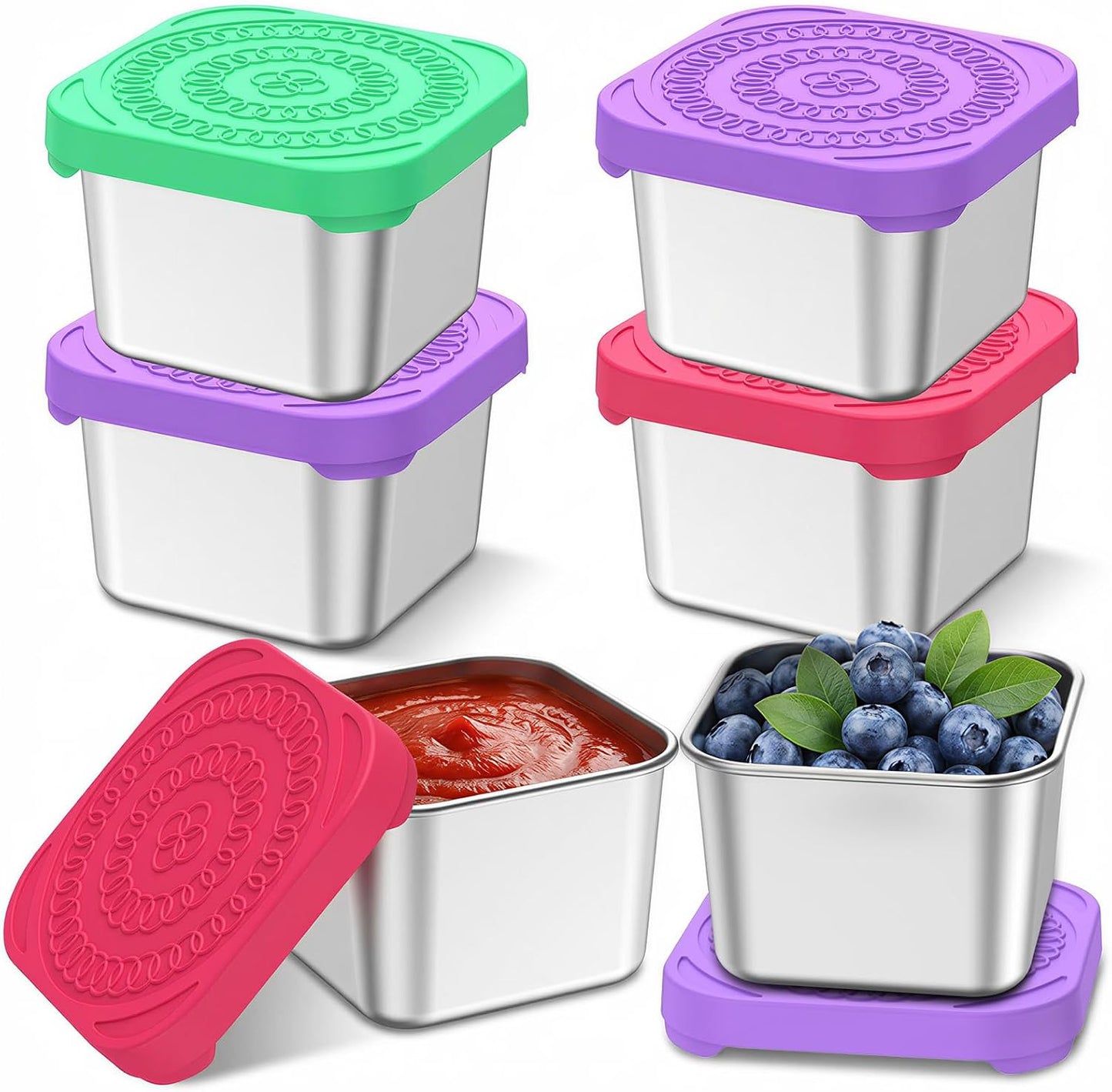 6 Pzas Recipientes Acero Inox 6oz Tapa Silicona Apilables