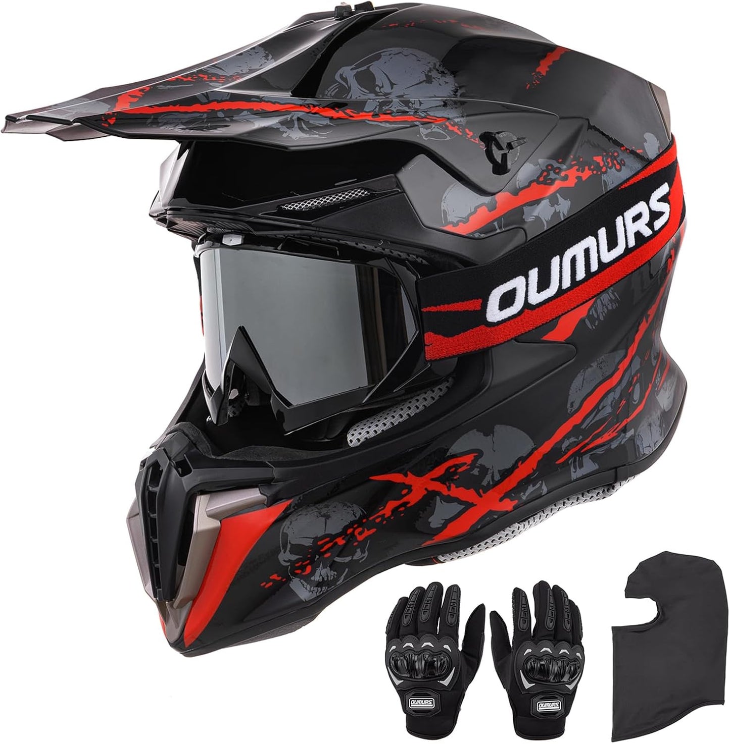 Casco motocross para adultos con visera solar y guantes