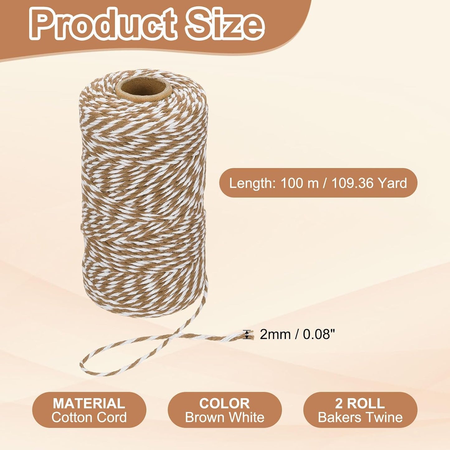 Cuerda algodón 0.079" 109yardas 2 rollos marrón y blanco