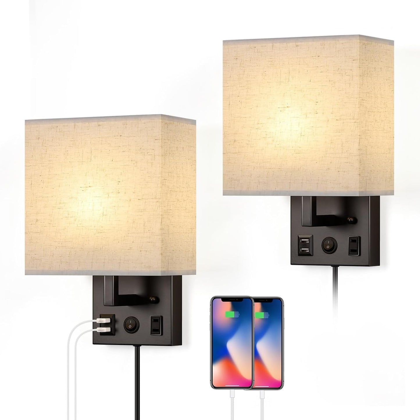 Lámparas pared dormitorio 2 pzas enchufables USB color negro