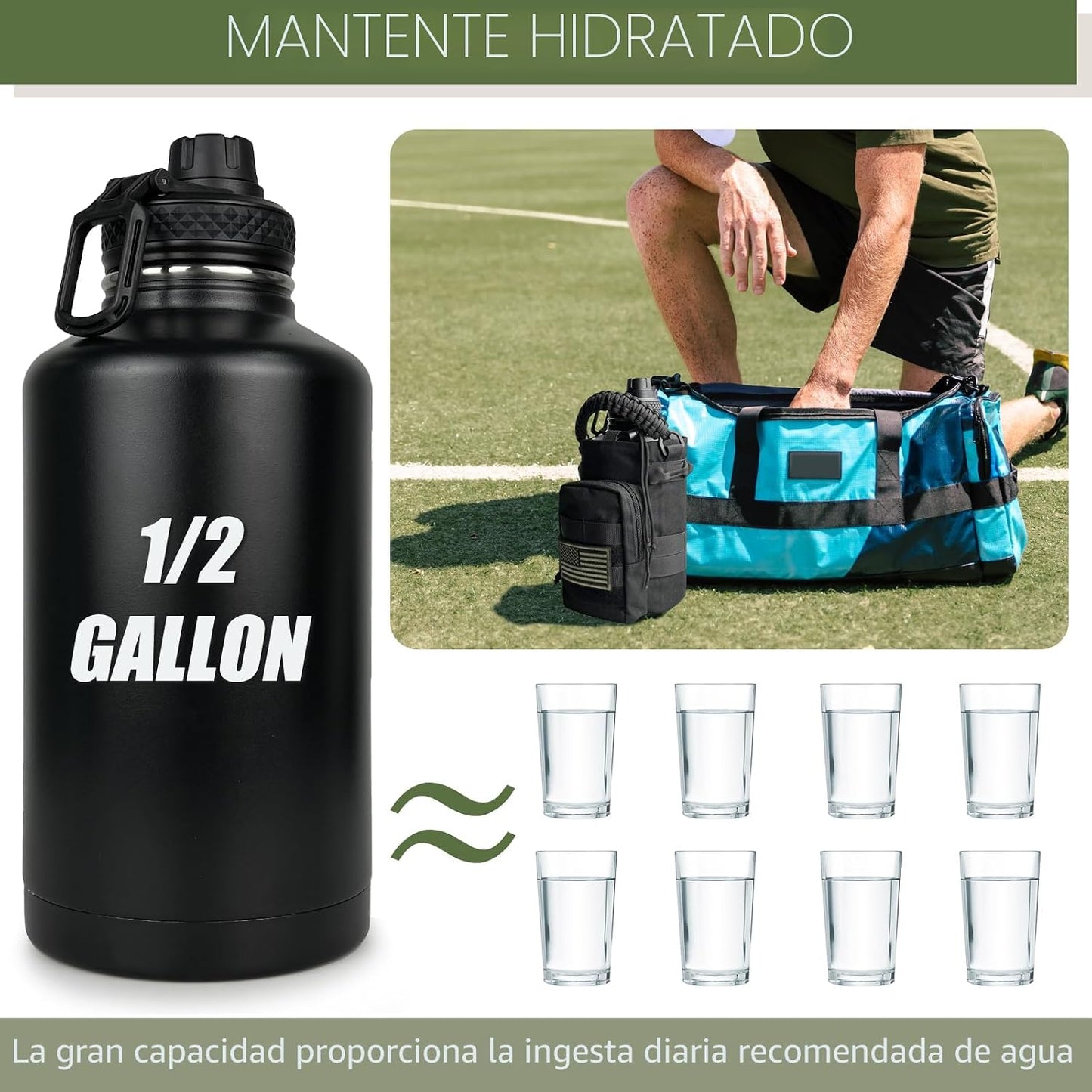 Botella agua acero inox 64oz con correa para gimnasio