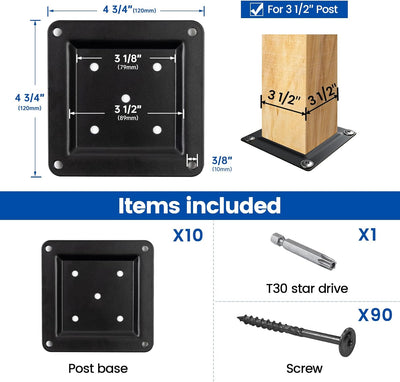 10 Conectores Placa Madera 3.5x3.5pulg Soporte Negro Acero