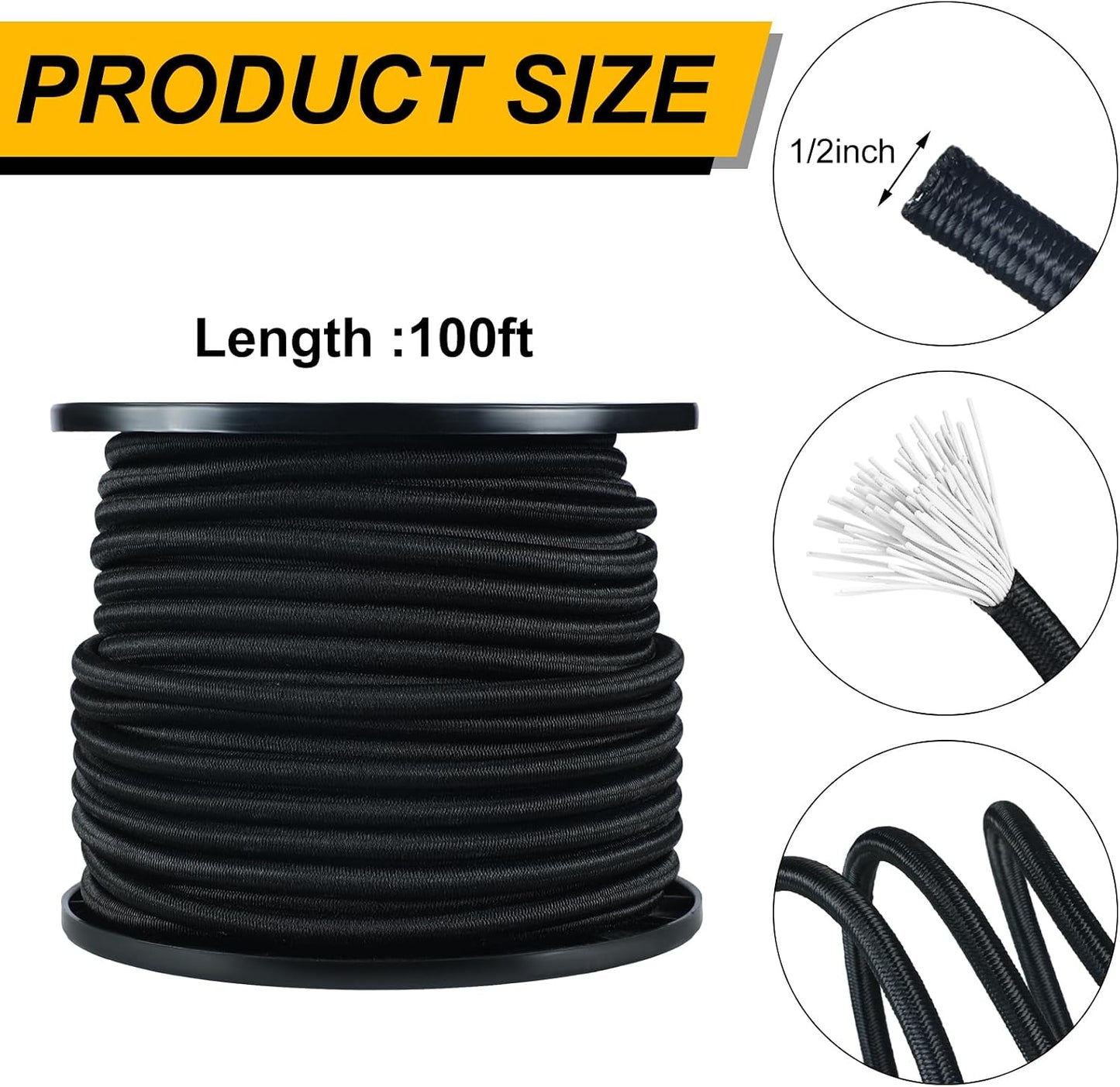 Cuerda elástica poliéster negro 1/2pulg 100ft kayak