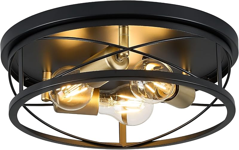 Lámpara techo jaula 3 luces metal negro y dorado cocina