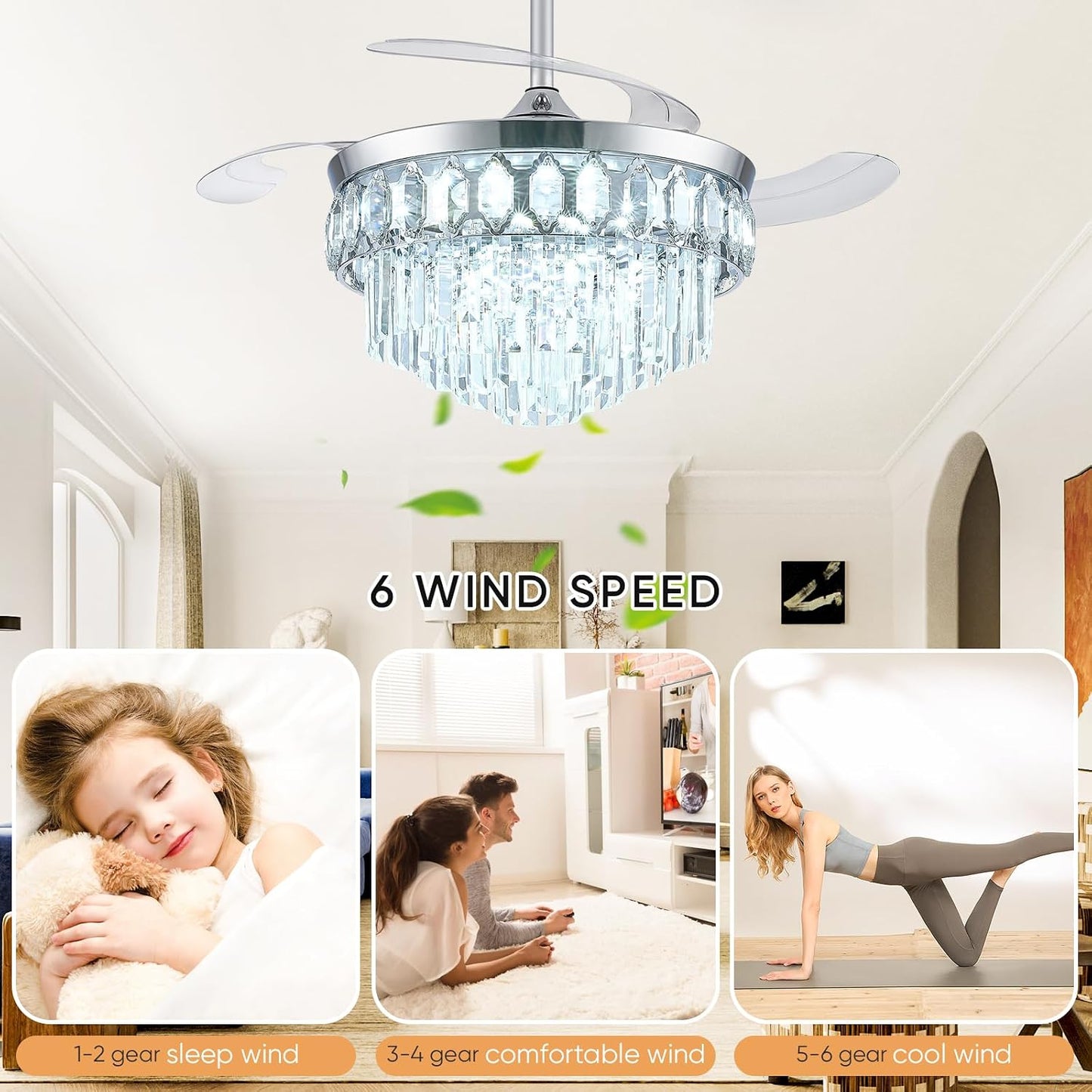 Ventilador techo retráctil con luz 42pulg 6 vel 3 colores
