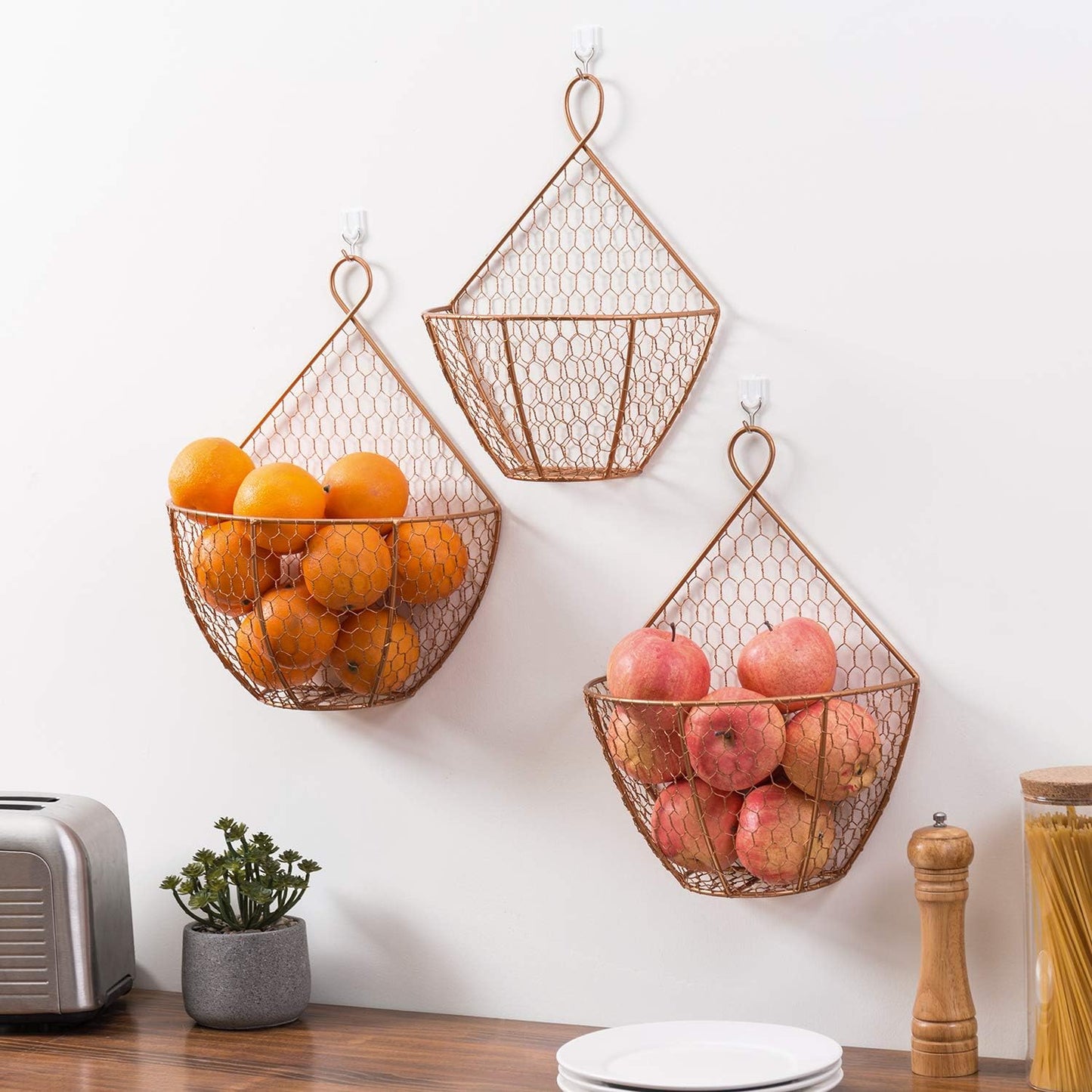 3 Pzas Cestas Malla Alambre Cobre para Colgar en Pared